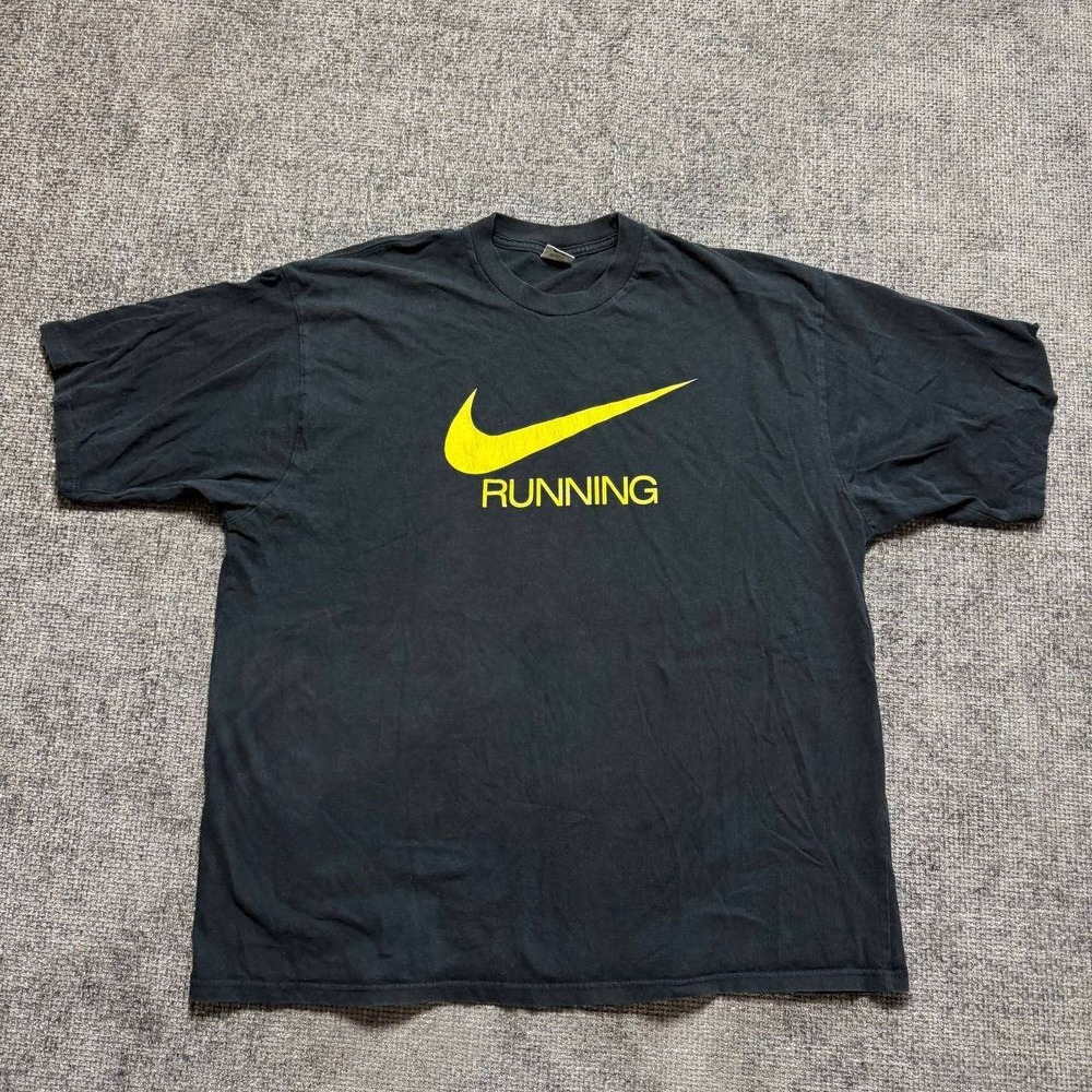 Nike‎ Running T-Shirt Mens XL Black Vintage 90s Yellow Swoosh Graphic Tee